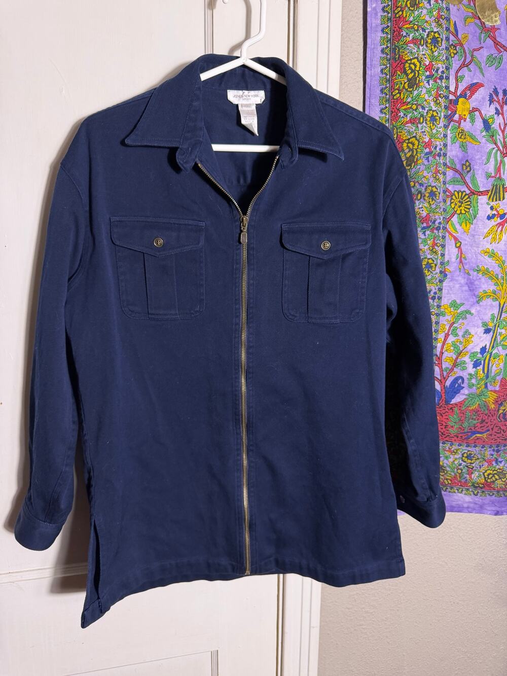 Jones New York Sport Navy Cotton Utility Jacket Belted Zip Front - Small